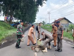 Camat kecamatan Trimurjo dan Kasi Terantibum Antisipasi kecelakaan melakukan penimbunan jalan berlobang